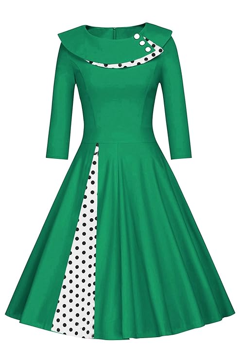 MisShow Damen Vintage Kleid 50er Jahre lamgarm Rockabilly Kleid Festlich Kleid Faltenrock Gepunkt Knielang