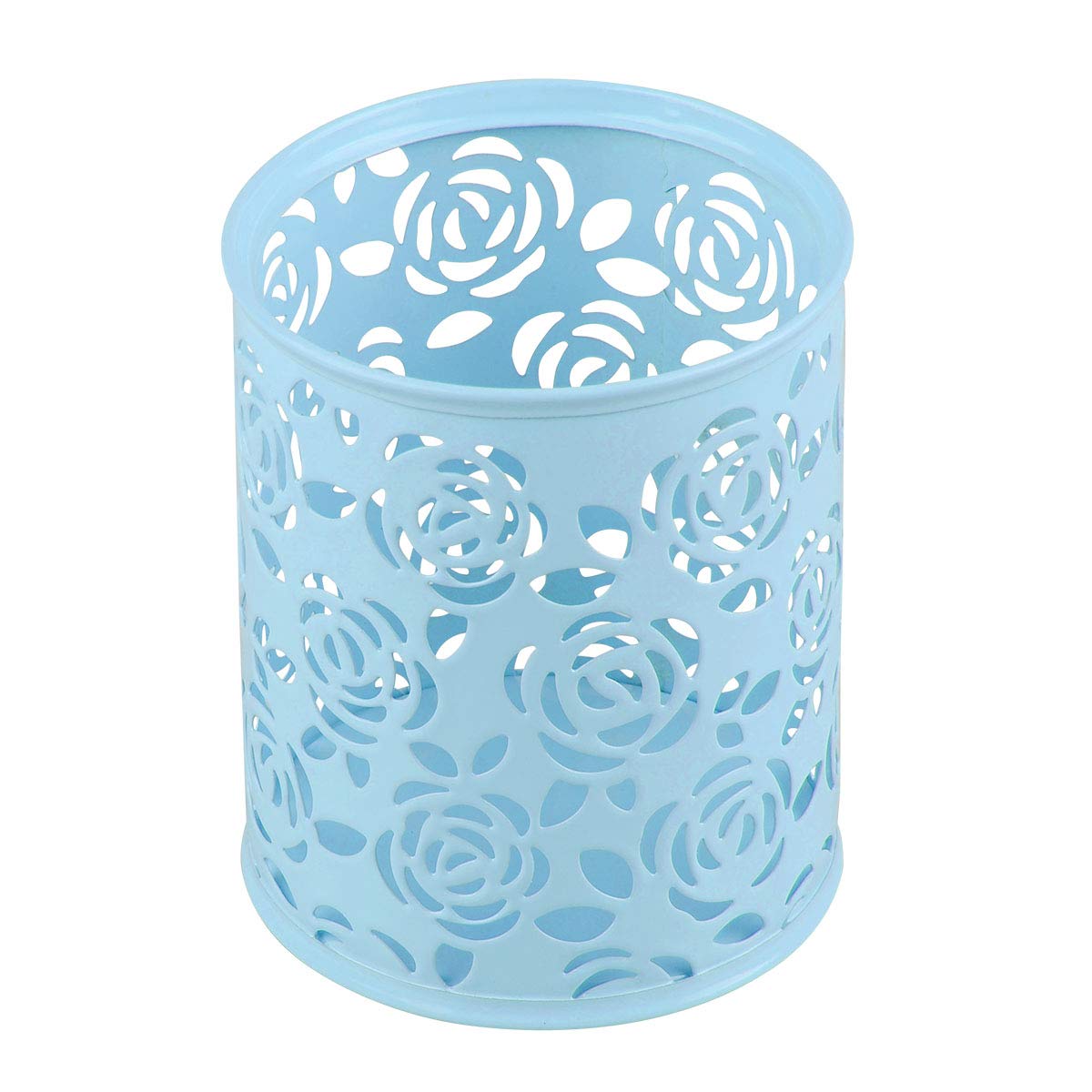 Coolrunner Metal Rose Flower Hollow Pen Pencil Pot Cylinder Container Makeup Cosmetic Brushes Holder Organizer (Light Blue)