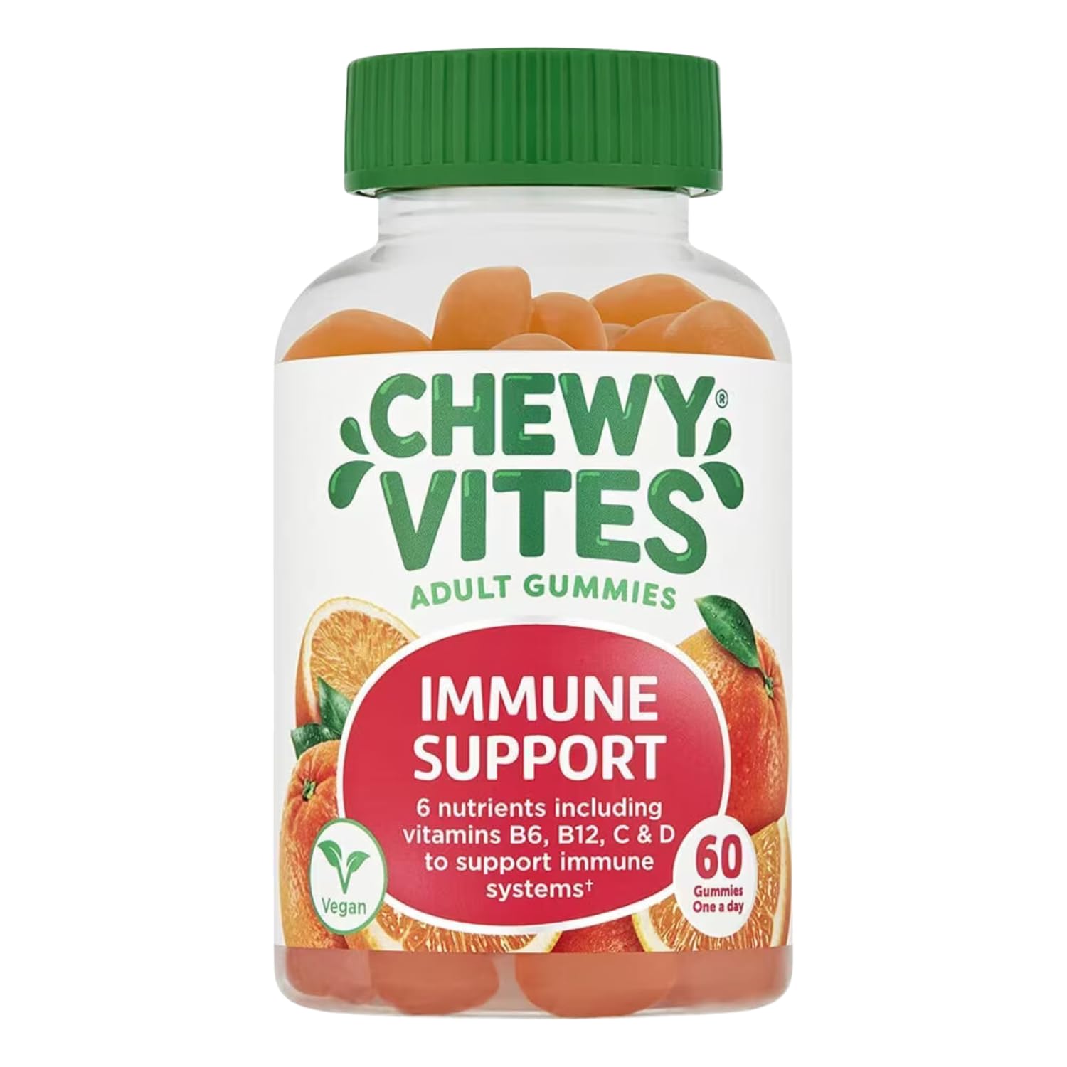 Chewy Vites Adult Immune Support, 60 Multivitamin Gummies, High Strength Vitamin D, Vitamin B6, B12, C, Zinc, Selenium, 2 Months Supply, Real Fruit Juice, Vegan, Orange Flavour
