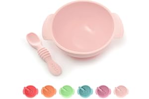 PrimaStella Unbreakable Silicone Non-Slip Bowl and Chew Spoon Set for Babies and Toddlers (Pink)