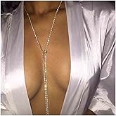 Yheakne Bling Tennis Chain Necklace Silver Long Rhinestone Choker Necklace CZ Lariat Y Necklace Tie Up Necklace for Women Nightclub Body Chain Jewelry
