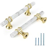 Rergy 10 Pack Cabinet Handles, White Marble &amp; Polished Gold Pulls, 3" | Zinc Alloy, T-Bar Hardware For Kitchen, Cupboards, Dressers, Drawers, Smooth Feel, Screws Included, Easy Installation