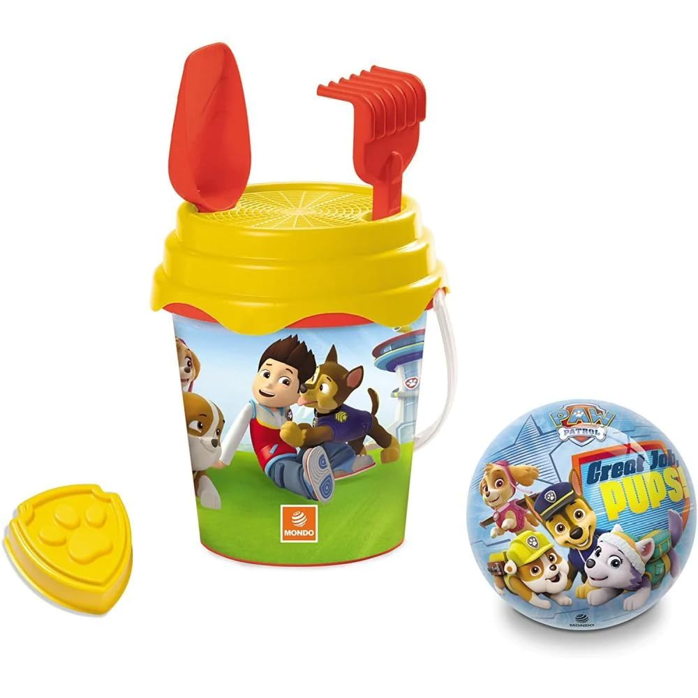 Mondo -28243 Paw Patrol Beach Set - Renew Toys Bucket and Accessories: Sieve, Rake, Shovel, Mould, Watering Can Included 28243, Yellow and Red
