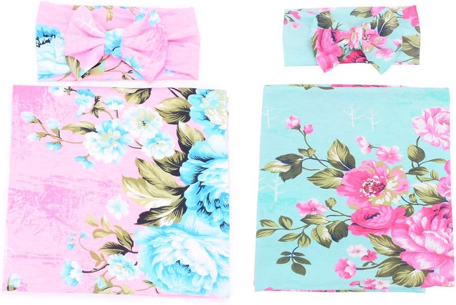 Galabloomer Newborn Receiving Blanket Headband Set Flower Print Baby Swaddle Receiving Blankets