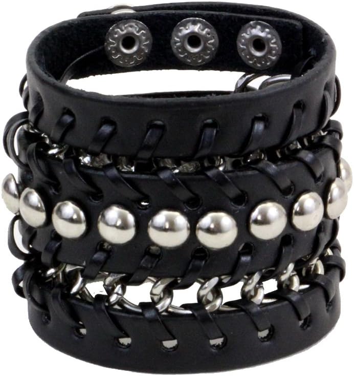 PLB Black Genuine Leather Cuff Unisex Bracelet Wristband Rocker Metal Hardware Studs