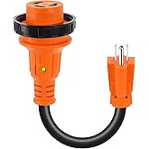 TIPHOPE 12 Inch RV Adapter Cord 15A Male to 30A Female with Twist Locking&LED Indicator,5-15P to L5-30R Heavy Duty RV Power C