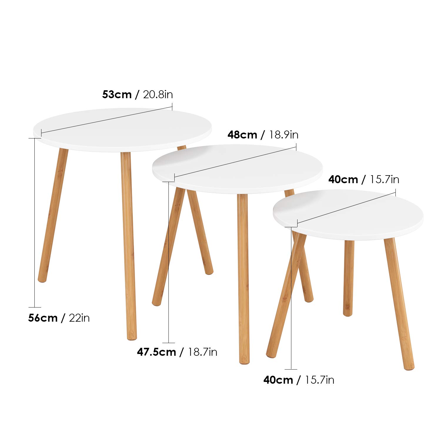 Homfa 3X Beistelltisch Couchtisch Wohnzimmertisch Kaffetisch Satztisch Set Skandinavisch Rund Weiß