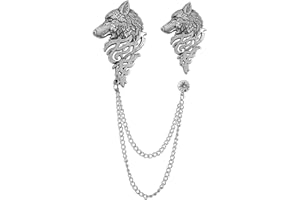 WCRAZYE 2PCS Wolf Head Long Collar Chain Brooch Cool Animal Head Collar Coat Pin Punk Gold Silver Chain Tassel Brooch Pin for Men's Corsage Pin Jewelry Gift