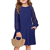 Haloumoning Girls Contrast Lace Long Sleeve Dress Kids Casual Pleated A Line Short Dresses with Pockets 5-14 Years