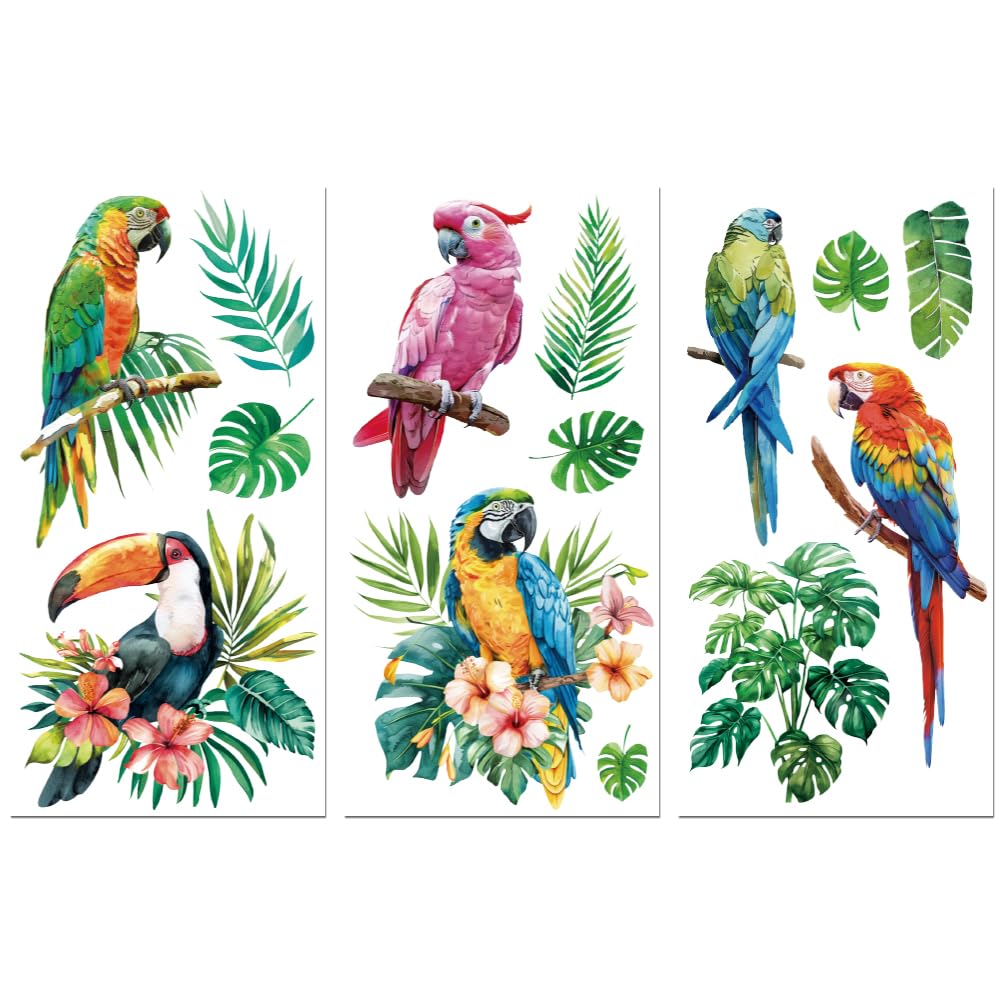 Peacoblue Rub on Transfer Decals for Furniture Crafts Decor 15x30cm, 3Pcs Tropical Raninforest Birds Waterproof UV DTF Transfer Sticker for Dresser Lingerie Chests Drawer Glass Porcelain Wood Plastic
