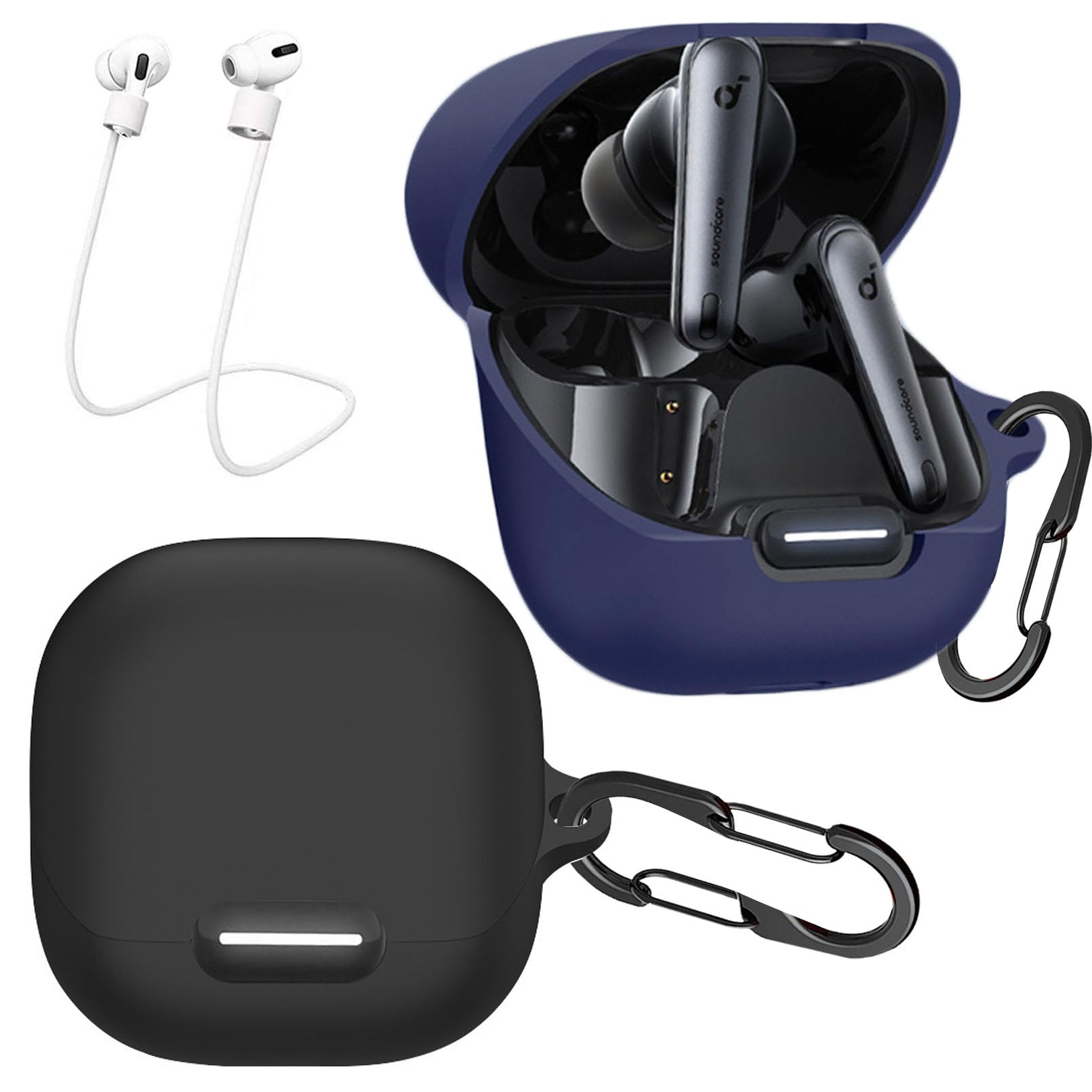 EasyBee [Pack of 2] Case Compatible with Soundcore Liberty 4 NC, with 2 Carabiners, 2 Anti-Lost Straps, Liquid Silicone Case, Ultra Thin, Shockproof Protective Case Headphone Bag - Black Blue