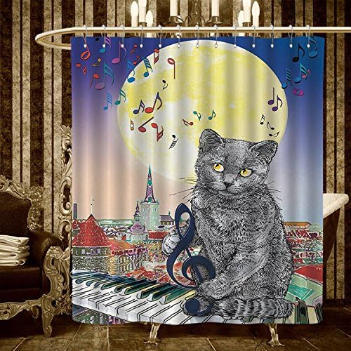 City shower curtains 3D Digital Printing Musical Notes Cat with the Keyboard on Rooftops in Night Sky Old Town Full Moon Art Print Bathroom Set with Hooks 72"x72" Multi