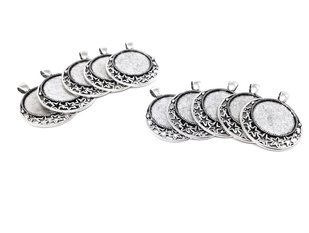 Honbay 10pcs Moon and Star Design Round Picture Frame Charm Pendants Trays Photo Making Accessory, Metal Silver, No Gemstone