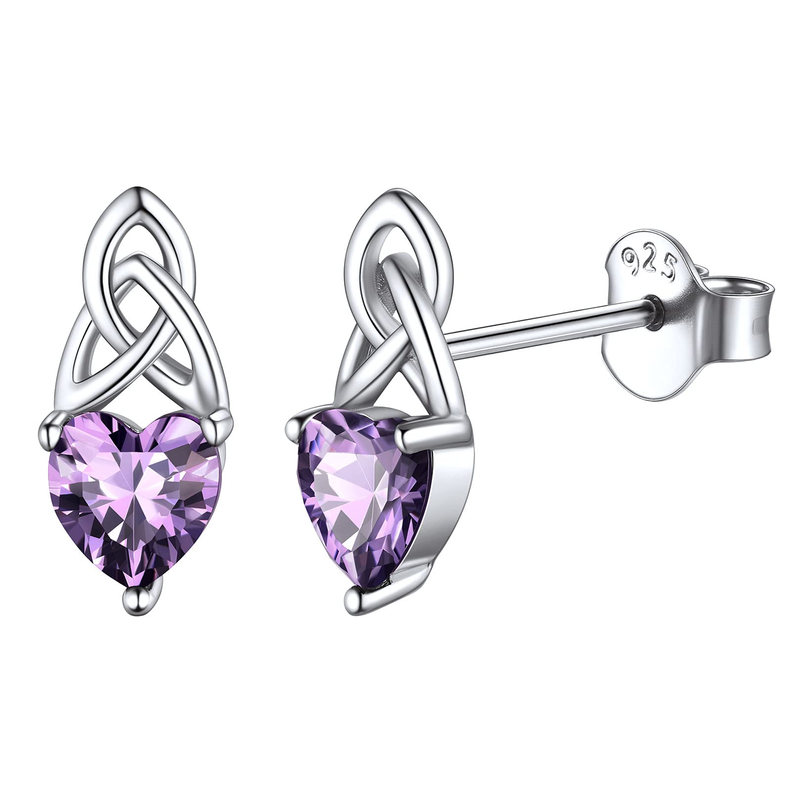 ChicSilver Earrings Women Sterling Silver February Amethyst Heart Birthstone Earring Celtic Knot Stud for Sensitive Ears