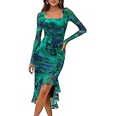 MEROKEETY Women's 2026 Wedding Guest Dress Bodycon Long Sleeve Square Neck Ruched Mesh Cocktail Party Holiday Midi Dresses