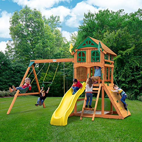 Gorilla Playsets 011063Y Outing Wood Swing Set with Wood Roof & Yellow Slide, Amber Pricepulse