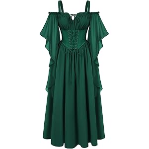 Scarlet Darkness Women's Corset Waist Renaissance Fairycore Costume Dress | Adjustable Straps, Flutter Bell Sleeves, Lace-Up