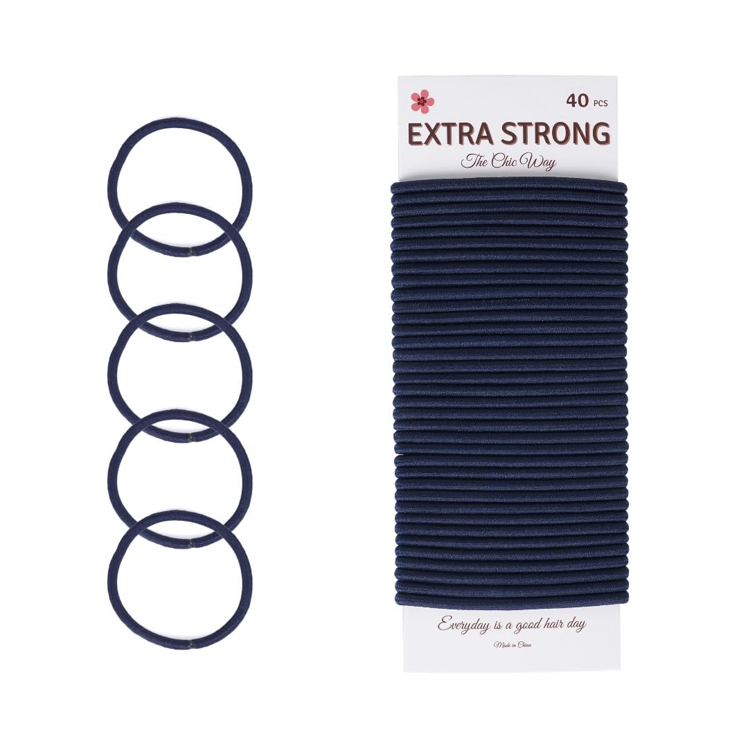 The Chic Way 40 Pcs Navy Blue Strong Hair Bobbles, Elastic Hair Bands, Hair Ties, 4mm