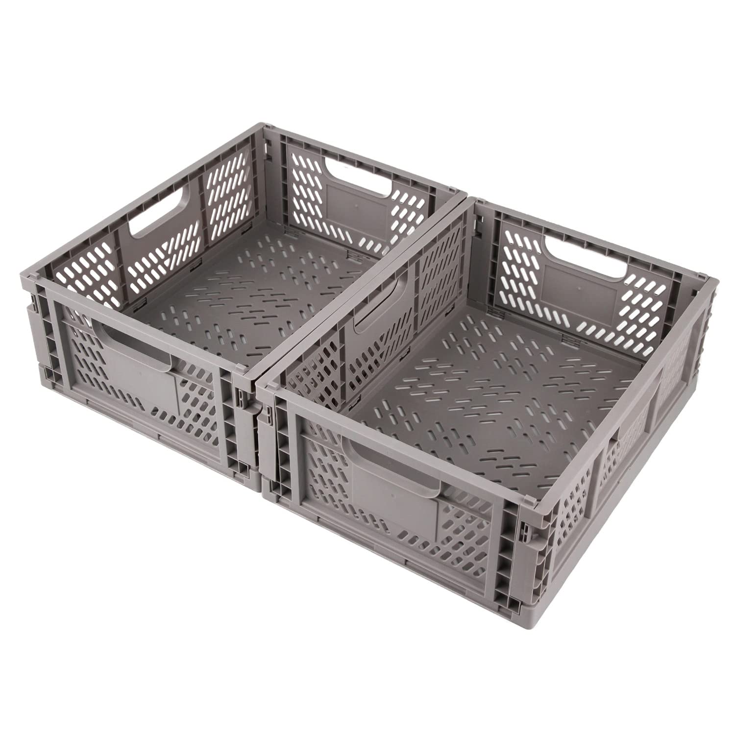 Spesh 2 Pcs Collapsible Storage Boxes Stackable Storage Baskets Folding Plastic Crates Foldable Crate Bins with Handles for Desk,Shelf,Cupboard(Grey, 40*30*15cm)