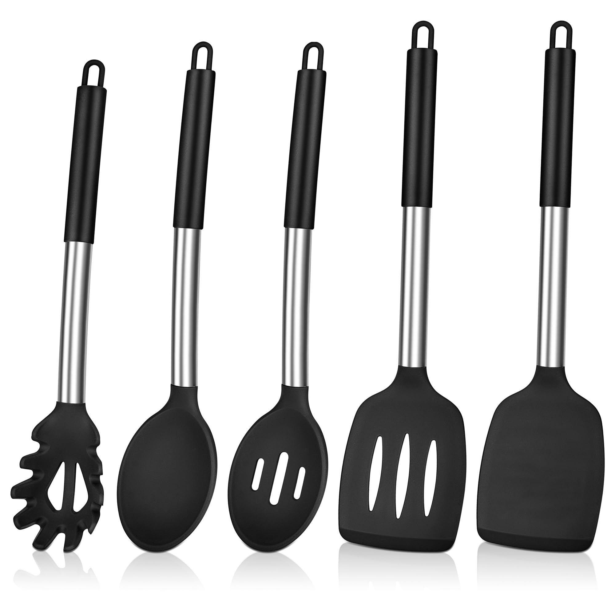 Herogo Kitchen Utensils Set, 5 Pieces Silicone Cooking Utensil with Stainless Steel Handle, Heat Resistant Kitchen Cooking Tools Turner Spoon Spatula for Nonstick Cookware Pan – Black