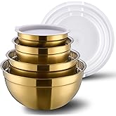 DINYWOW 4 Piece Gold Mixing Bowls With Lids for Kitchen, Stainless Steel Set Ideal for Baking, Prepping, Cooking and Serving Food, Nesting Metal Bowls for Space Saving Storage