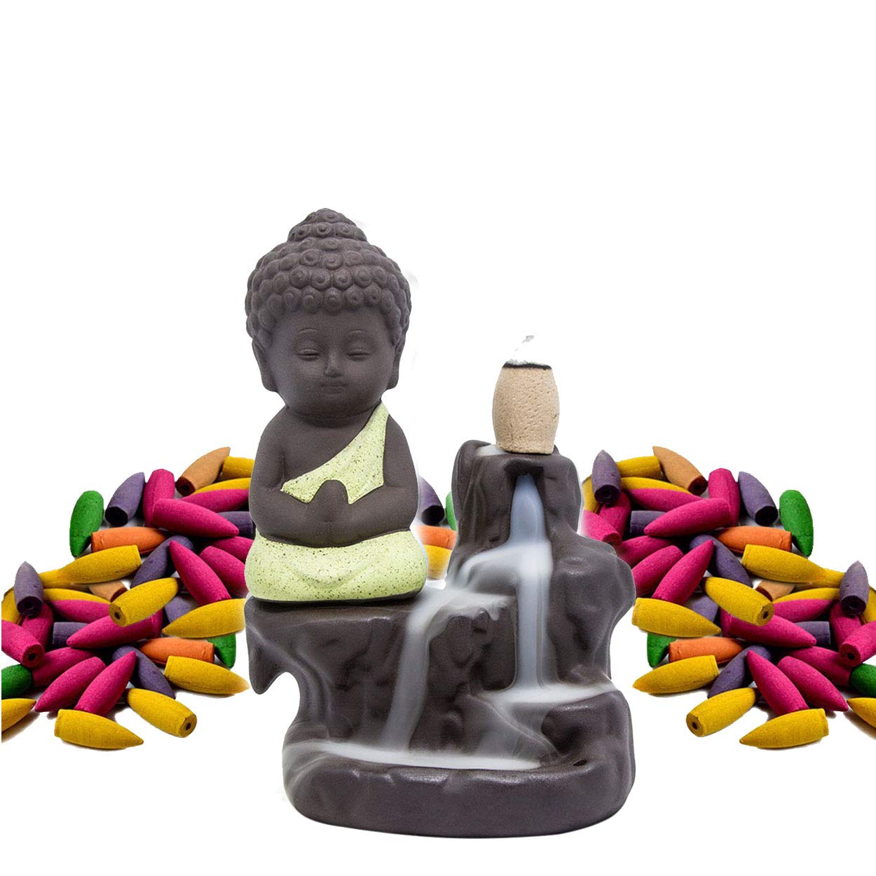 Incense Burner Backflow Set Mixed Aromatherapy Tower Cones Sticks Holder Ceramic Waterfall Buddha Monk Ash Catcher -IN007 Yellow (70 Variety Cones& Holder)