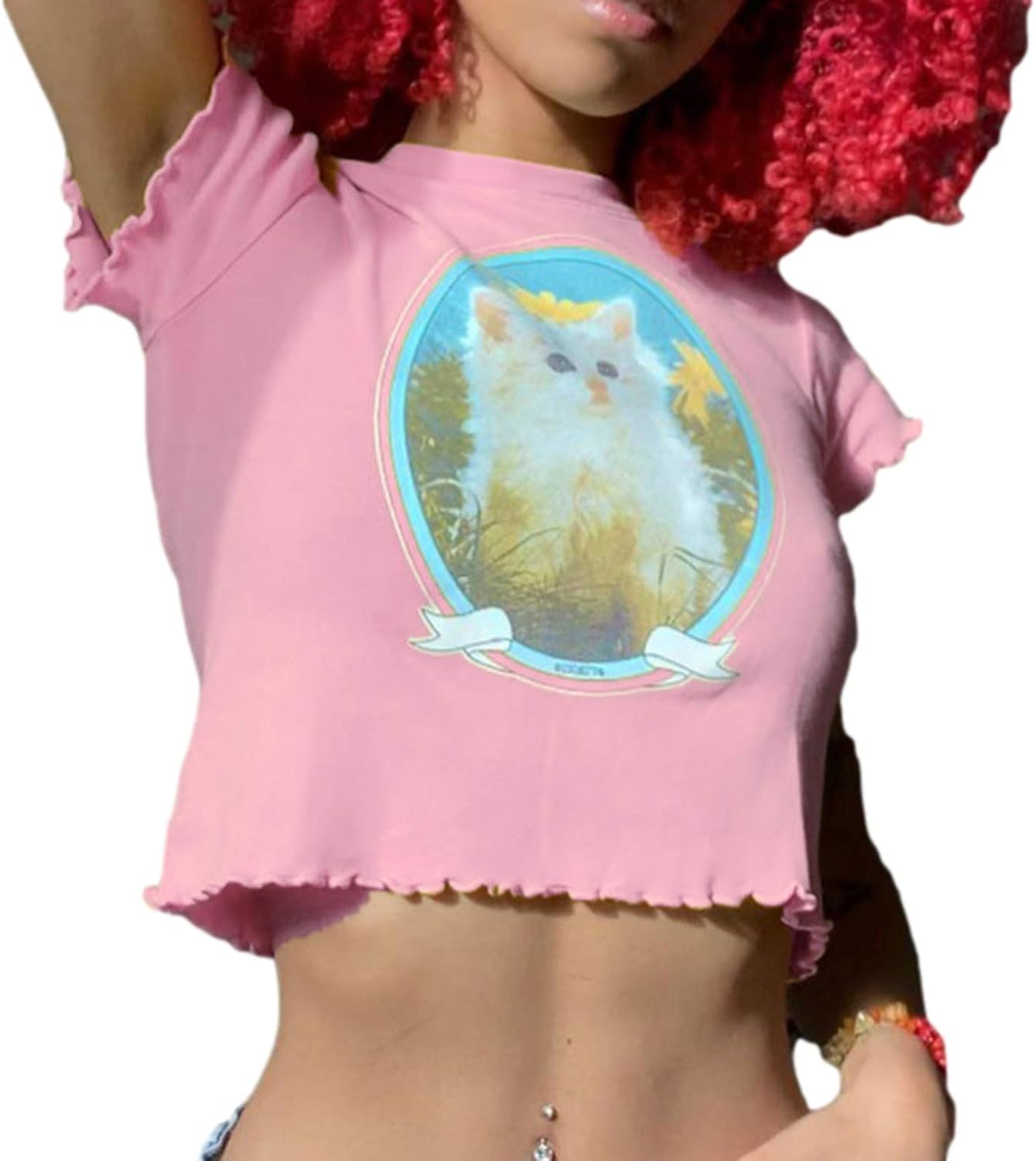 Women's Y2k Cat Print Short TShirt Cute Crewneck Solid Color Ankle Top