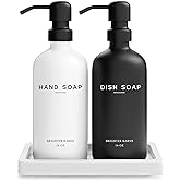 Luxury Glass Hand and Dish Soap Dispenser Set by Brighter Barns - Kitchen Soap Dispenser Set with Tray for Kitchen, Home or Restaurant - Modern Farmhouse Kitchen Decor (Black/White)