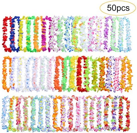 Hawaiian Leis Luau party decorations, Cooyeah Tropical Hawaii Ruffled Flower Wreaths Necklaces Hair Clip for Holiday, Wedding, Beach Party, Birthday Decorations (50)