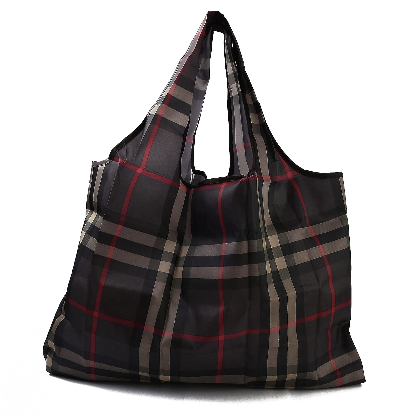 BEEFLYING 3 Pcs Eco Friendly Nylon Grocery Bags Foldable Waterproof Reusable Tote Bags Tartan Pattern with Pouch and Bag Handle (52.5x60x0.2cm)