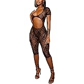 NRTHYE Women Sexy Mesh See Through Lace Jumpsuits Short Sleeve Backless Cut Out Rompers Club Outfits