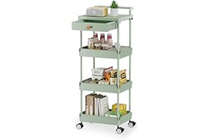 Aratan 4-Tier Rolling Utility Cart with Drawer,Rolling Cart with Wheels and Table Top,Easy Assembly Organizer Storage Cart for Kitchen,Bathroom,Living Room,Office.（Green）