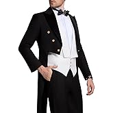 Wehilion Men's Tuxedo Suit Peacked Lapel Slim Fit Swallow Long Tailcoat Performances Party Wedding Jacket Vest Pants