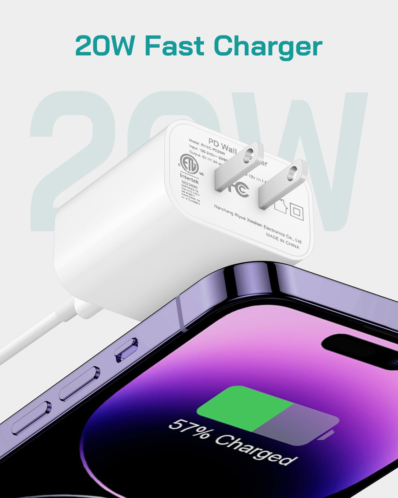 Phone 12 13 14 Fast Charger, 2-Pack 20W PD Type C Charger with 6FT USB-C Charging Cable Compatible with Phone 14 13 12 11 Pro Max/Pro/Plus/Xs/XR/X
