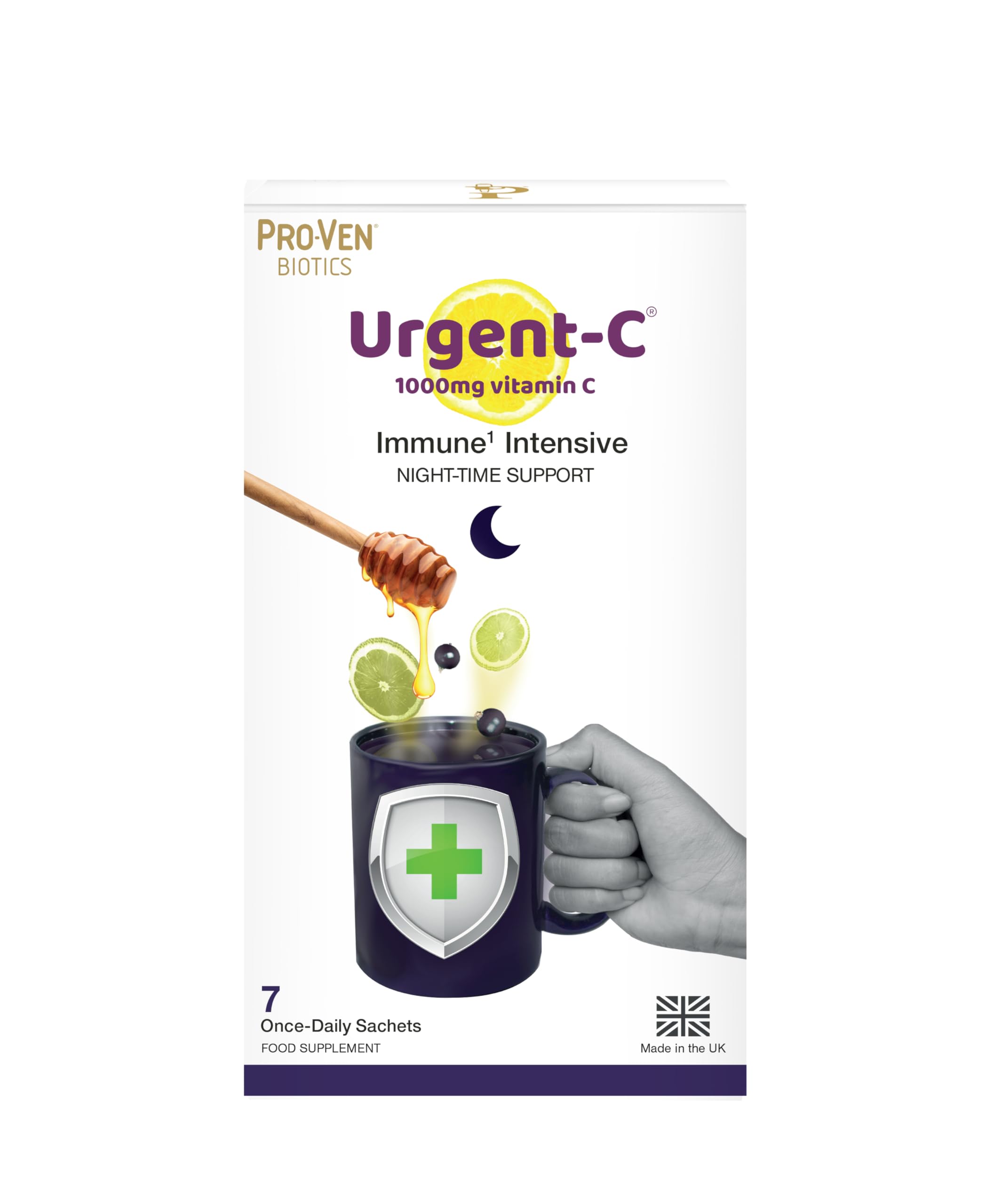 Proven Probiotics Urgent C Night-Time Support | Hot Lemon Honey & Blackcurrant Drink | for Immunity & Relaxation | 1000mg Vitamin C with Vitamin D Zinc Elderberry Magnesium | 7 Sachets