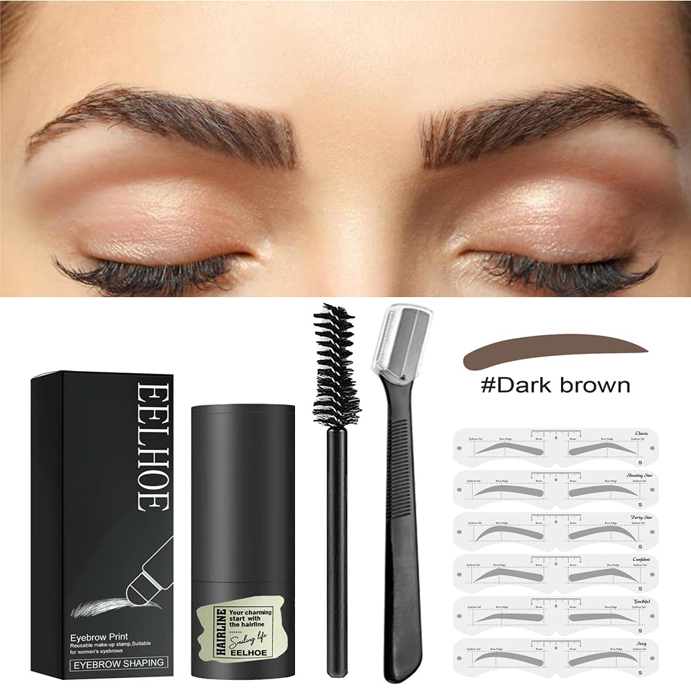 SLZZ One Step Eyebrow Stamp Stencil Shaping Kit - Professional Eyebrow Stamp Makeup with 12 Reusable Eyebrow Stencils 1 Eyebrow Brushes Razor,Long Lasting Eyebrow Makeup-Dark Brown