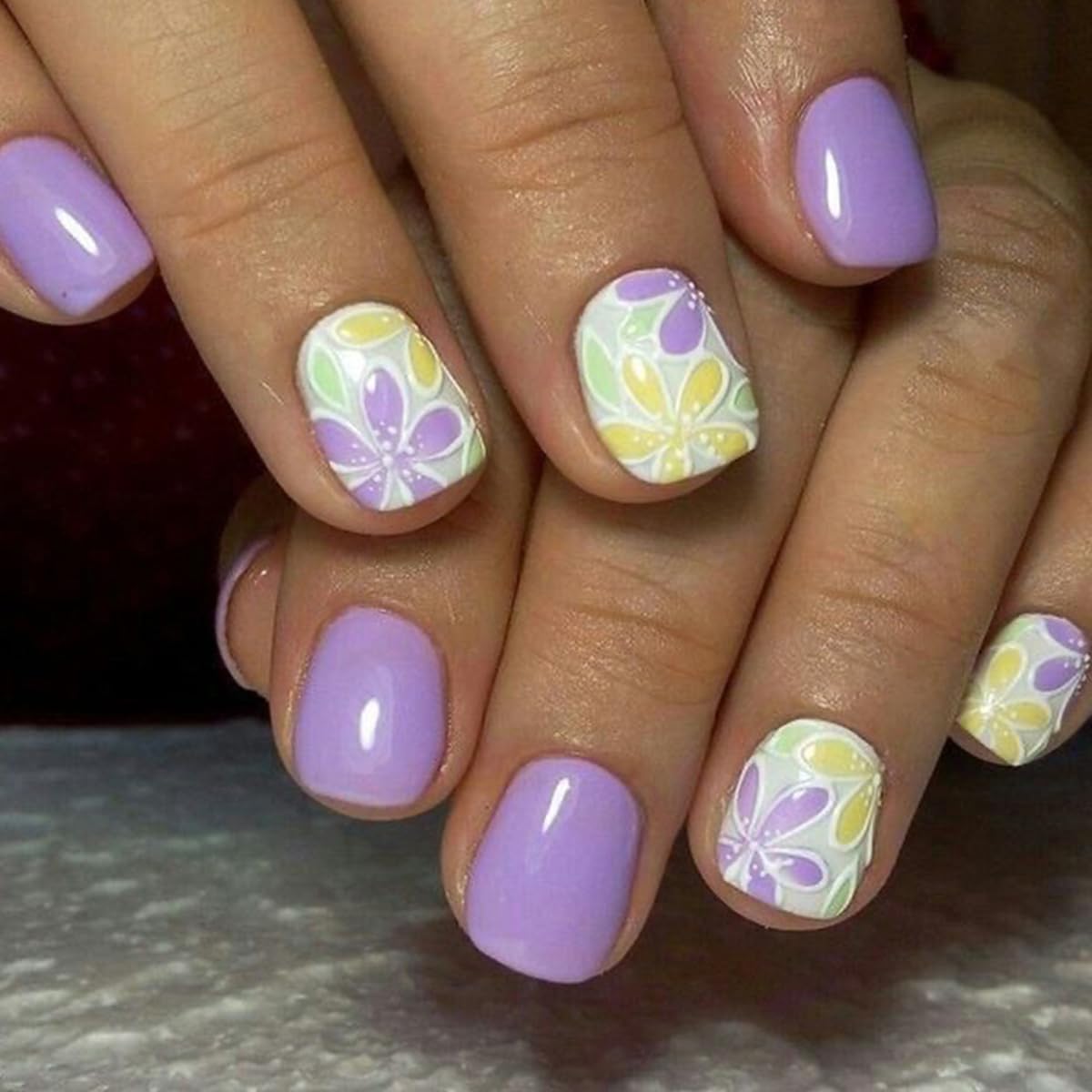 24 Pcs Spring Press on Nails Extra Short Square - LINMEIZAI Purple Cute Fake Nails Press ons Nail Tips Glue on Nails Full Cover Acrylic Nail Kit False Nails with Small Flower Nail Art Design for Women