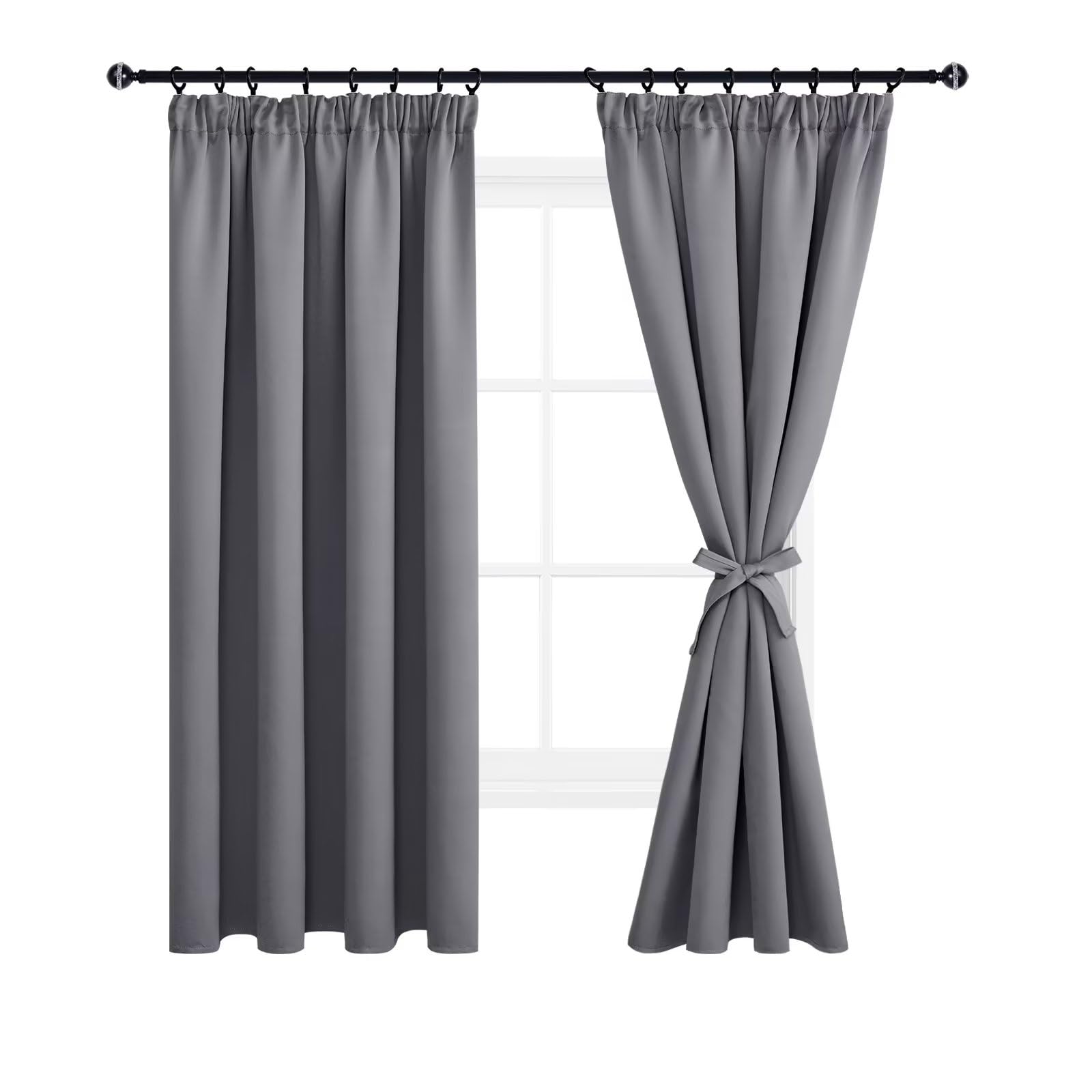 DWCN Grey Blackout Curtains for Bedroom, Thermal Pencil Pleat Curtain with Hooks for Track Rail Curtains for Living Room 66 x 72 inch Length, 2 Panels