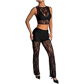 Milumia Women's 2 Piece Outfit See Through Lace Crop Tank Top and Sheer Pants Sets