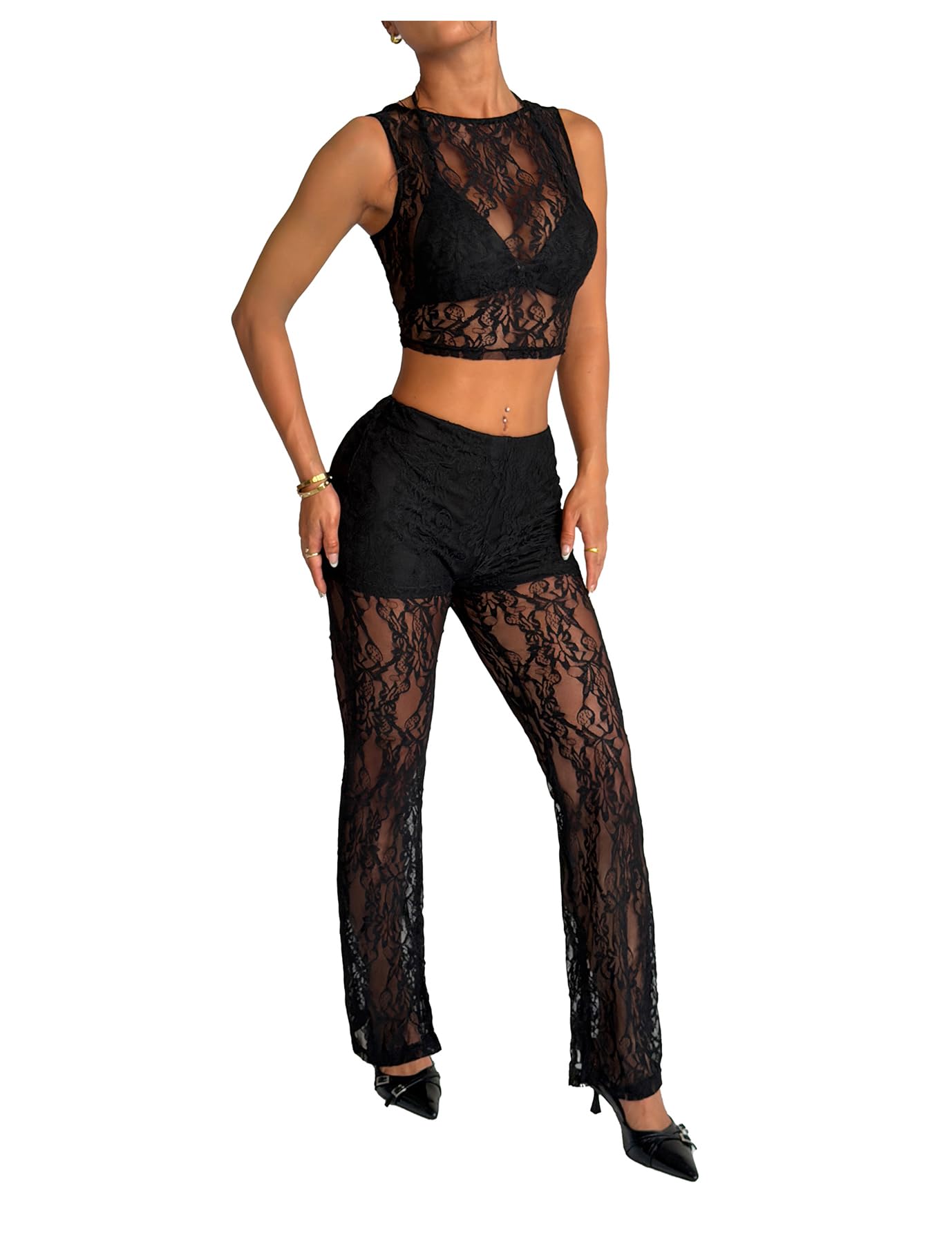 Photo 1 of Milumia Women's 2 Piece Outfit See Through Lace Crop Tank Top and Sheer Pants Sets Black Small