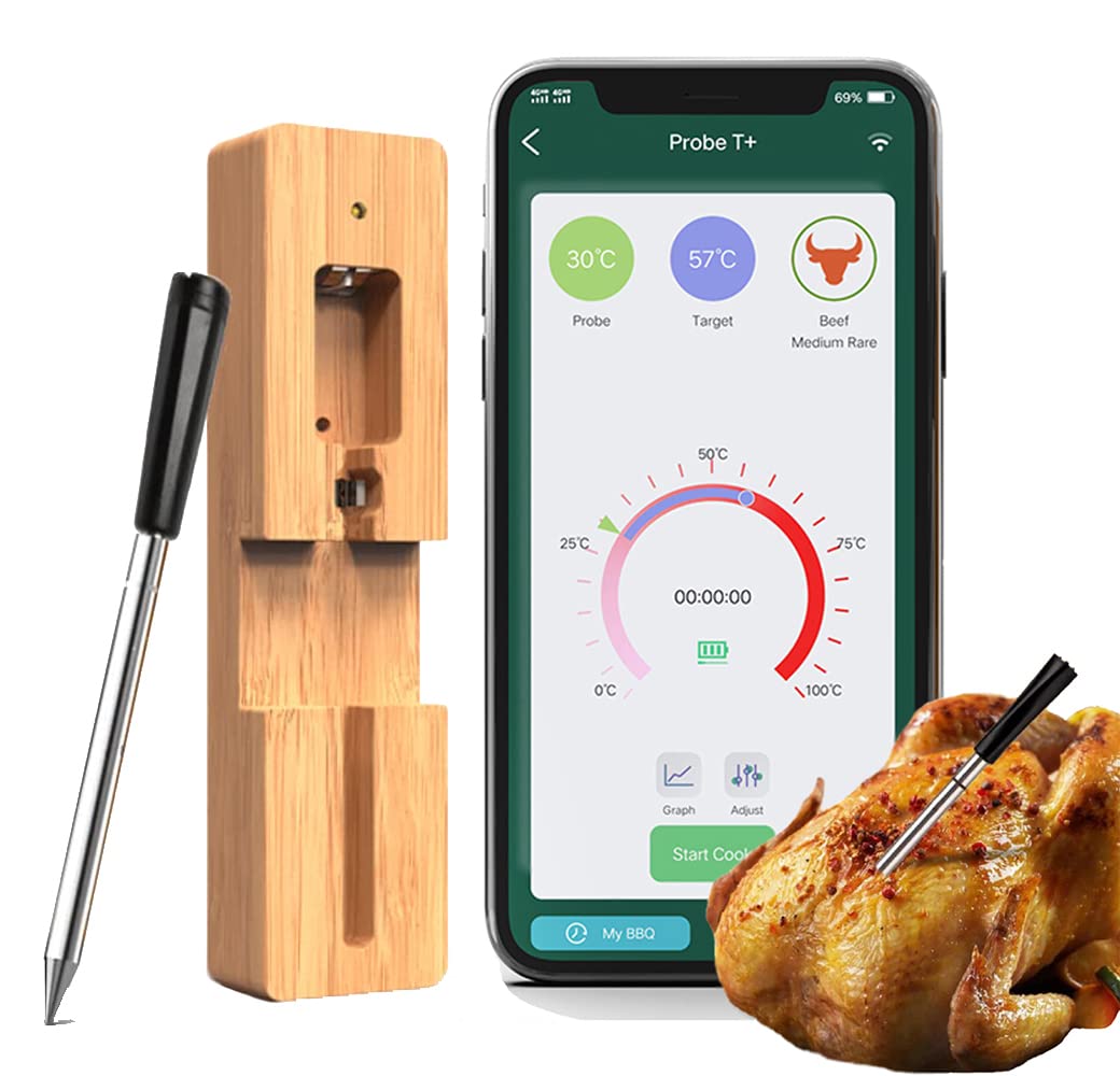Smart Wireless Meat Thermometer, 50m Bluetooth Meat Thermometer IPX7 Waterproof Rechargeable Wireless BBQ Thermometer with APP for Kitchen Oven Grill BBQ Smoker Rotisserie
