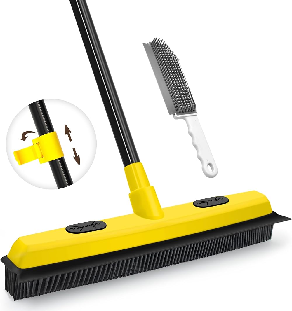 JEHONN Rubber Broom with Squeegee 134CM Telescopic Handle Pet Hair Remover