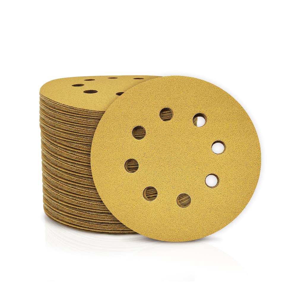 SPEEDWOX 100 Pcs 5 Inches 8 Hole Sanding Discs 120 Grit Dustless Hook and Loop Sandpaper for Random Orbital Sander Yellow Finishing Discs for Automotive Woodworking
