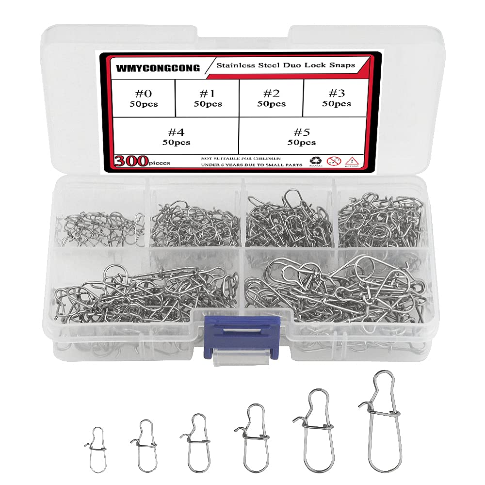 WMYCONGCONG 300 PCS Stainless Steel Duo Lock Snaps Swivel Slid Rings Fishing Lure Hook Connector #0-#5 24LB-83LB for Freshwater Saltwater Fishing Gear Tackle Accessories