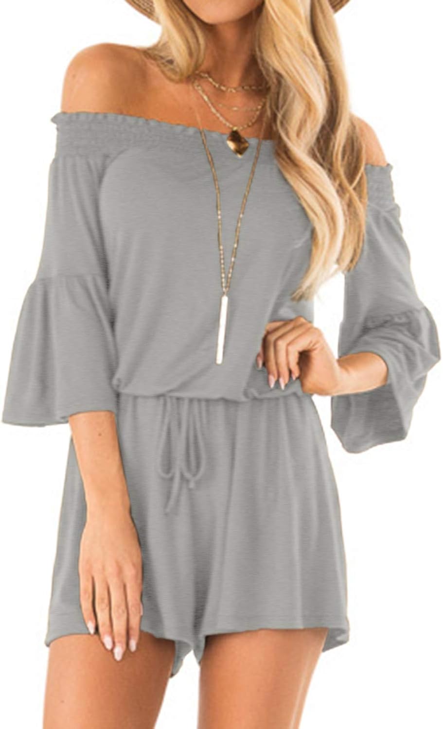 Style Dome Trägerlose Jumpsuit Damen Halbarm Schulterfrei Overall Kurze