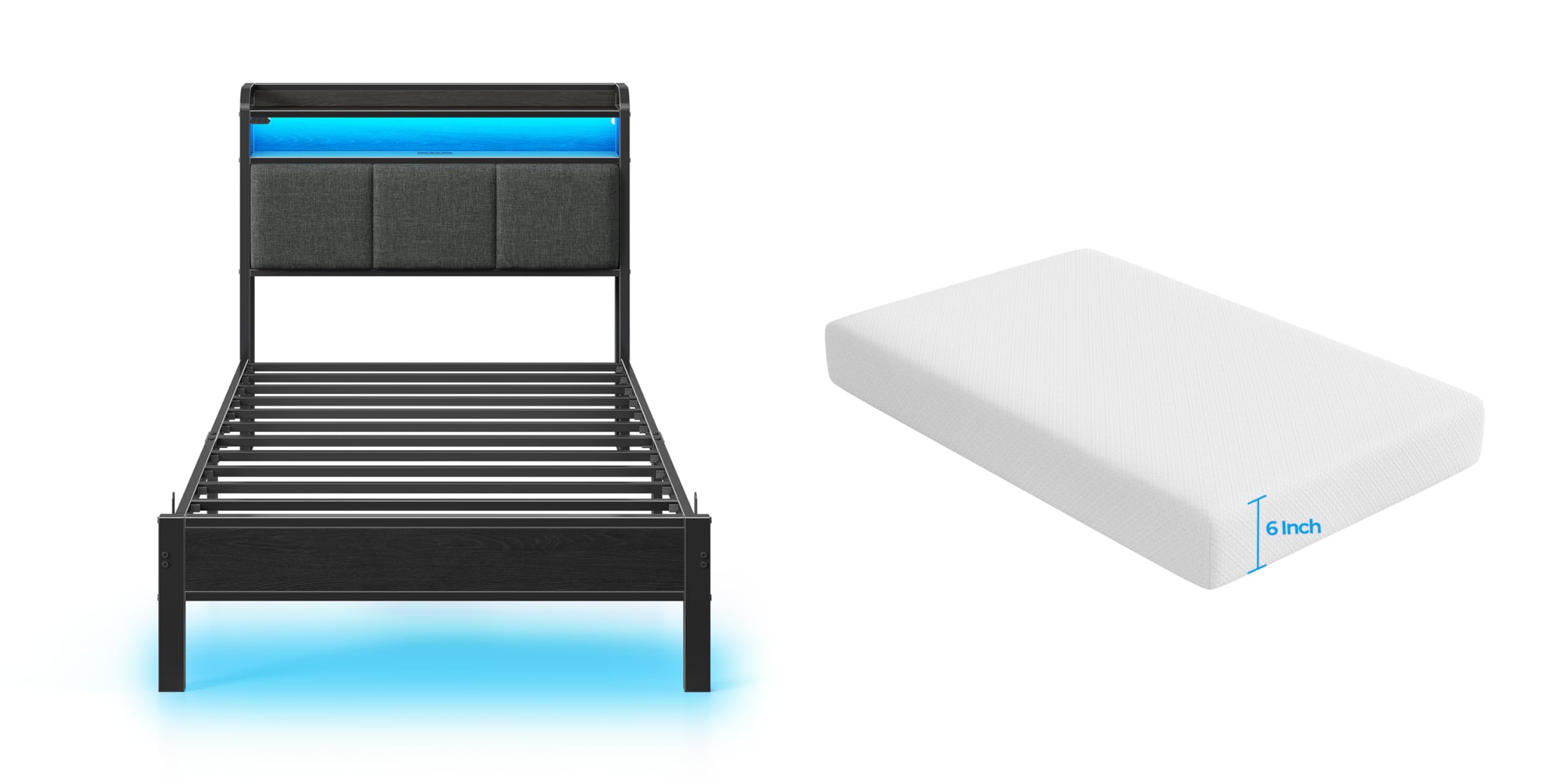 Rolanstar Bed Frame Twin Size with Charging Station, LED Bed Frame with Storage Headboard, Grey - 6 Inch Gel Memory Foam Mattress, Gel Infused, Fiberglass Free, Medium Firm Mattresses Image