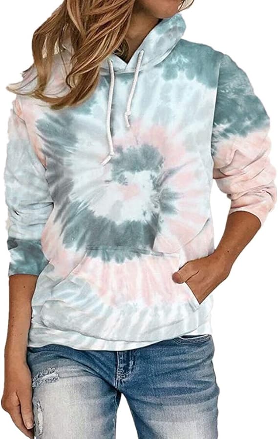 Womens Tie Dye Hoodies Casual Long Sleeve Pullover Hooded Sweatshirt Color Block Tops with 