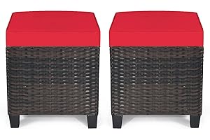 RELAX4LIFE 2-Piece Patio Ottoman Set - Wicker Footstools, All Weather PE Rattan Ottoman with Removable Cushions, Square Footrest Seat, Outdoor Stools for Garden, Porch, Pouf Ottoman (Red)