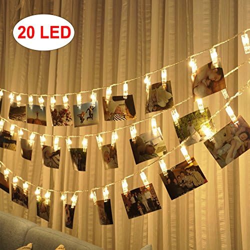 AOSHR 20 Led Photo Clips String Lights (7.2 Ft, Warm White) for Hanging Photos Paintings Pictures Card and Memos Wedding Party