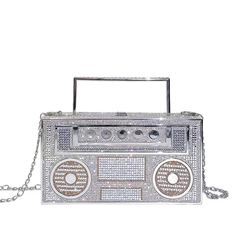 Photo 1 of ***DAMAGED - SEE NOTES/PICTURES*** Renabro Women Retro Radio Shape Crossbody Bag Rhinestone Metal Vintage Evening Clutch Purses(Portable Silver)